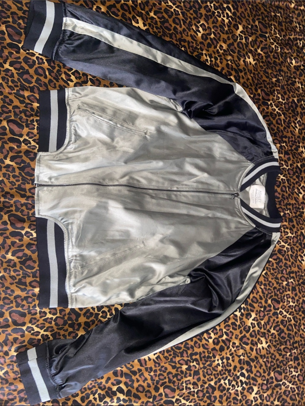 Ashley By 26 International Silver and Black Satin Bomber Jacket